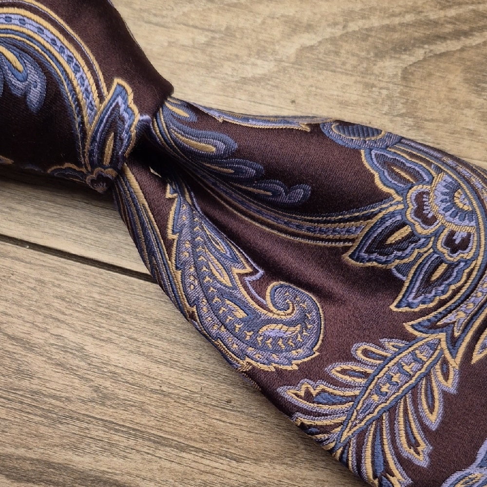 ROBERT TALBOTT Best of Class Metallic Brown Silver Blue Paisley Mens Silk Tie